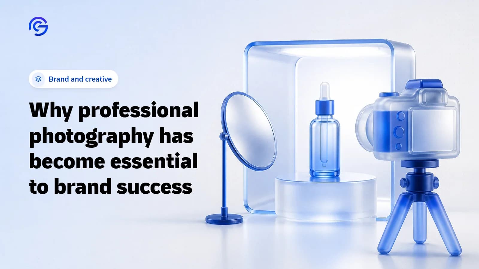 A 3D illustration of a glass camera on a tripod facing a glass product bottle on a pedestal, with a light box and reflector, the cover of an article about professional product photography.